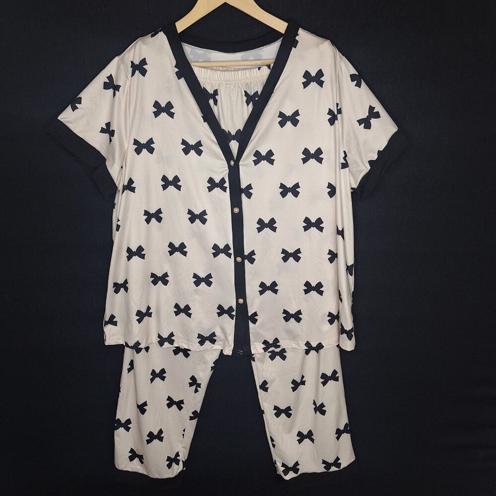 💙 Bow Print Soft Stretch Pijama Set Size XL/2X Girly Coquette Comfy Lounge Prep
